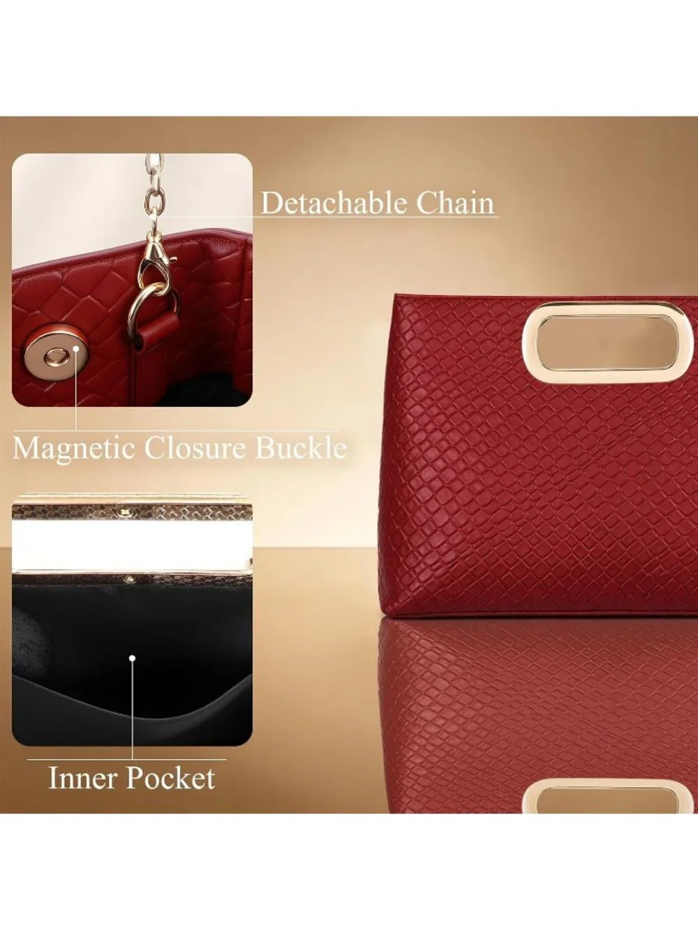 Womens Burgundy Clutch Handbag Modern Faux Leather with Metal Handle Evening Bag